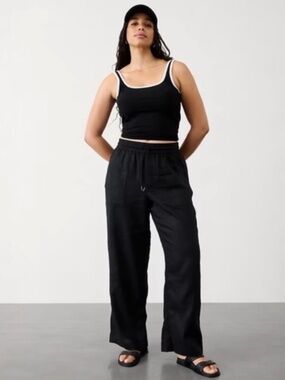 ATHLETA Retreat Linen Wide Leg Pant Black Size Large Drawstring Elastic Waist